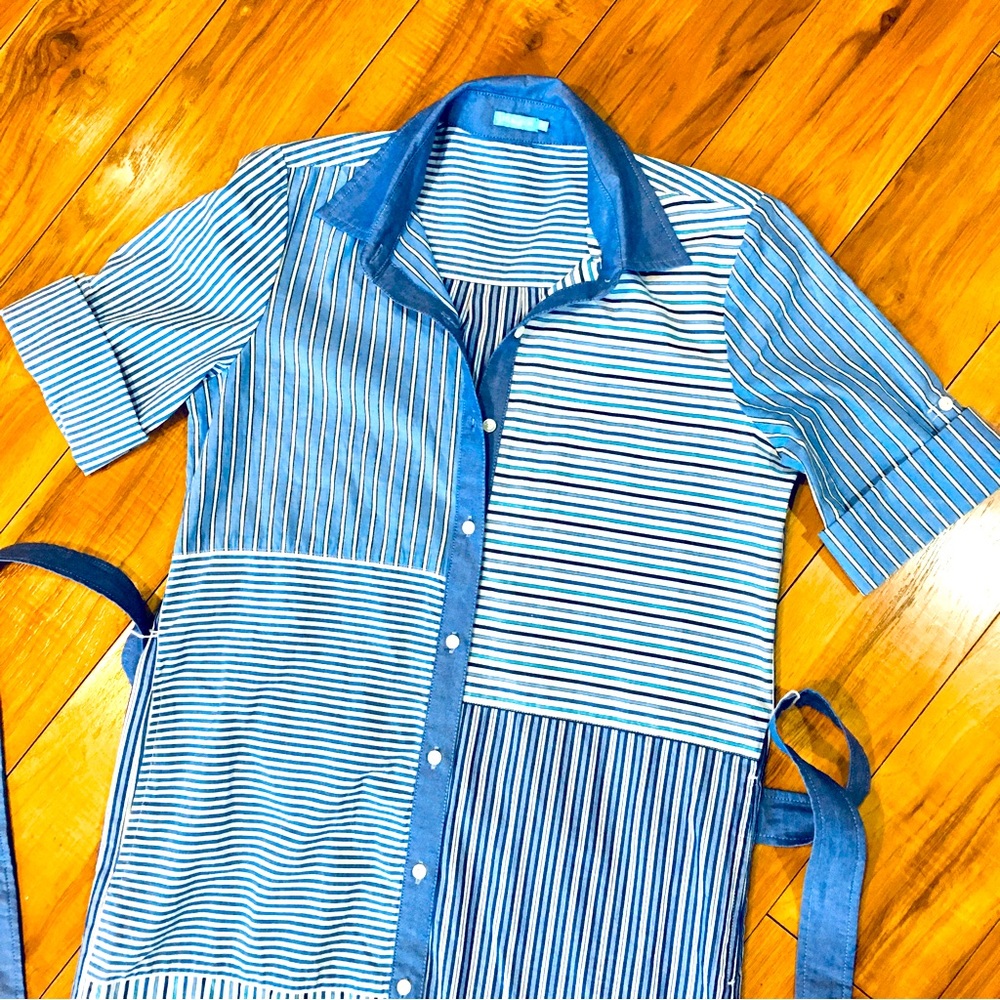 J  McLaughlin shirt dress workwear office blue white stripes button up front